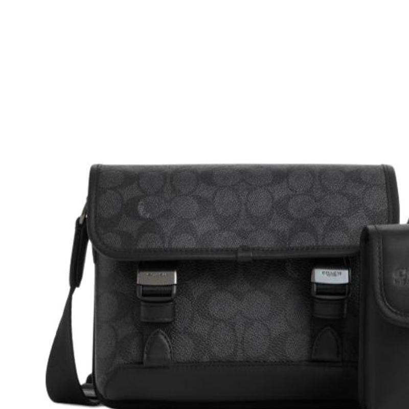 Coach League 22 Logo Print Faux Leather Shoulder Crossbody Bag Small Men Bags Black CBX09-QBMI5