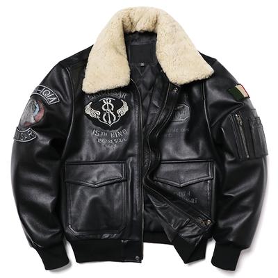 New Wool Collar Air Force Flight Jacket Natural Cowhide Genuine Leather Coat Men's Embroidery Jackets Fashion Motorcycle Cloth