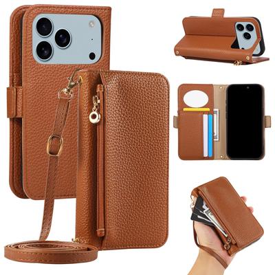 Custodia in Pelle a Libro con Cerniera, Flip Magnetico, Slot per Carte, Specchio, Cinturino per iPhone 17 Pro Max 16 Plus 15 14 13 12 11, Sottile