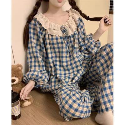 Damen Pyjama Neu Herbst Frühling Langarm Weiches Schlafanzug-Set Karo Cartoon Pyjama Frau Haus Nachtwäsche Set Strickjacke