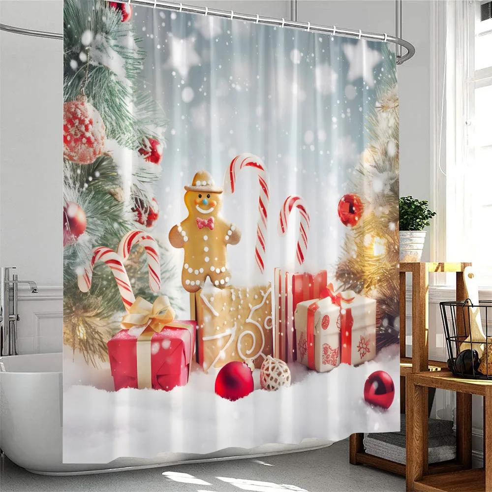 

Merry Christmas Shower Curtain Santa Claus Winter Holiday Bathroom Decor Xmas Tree Ball Polyester Fabric Bath Curtain with Hooks 90x180cm-35x70in