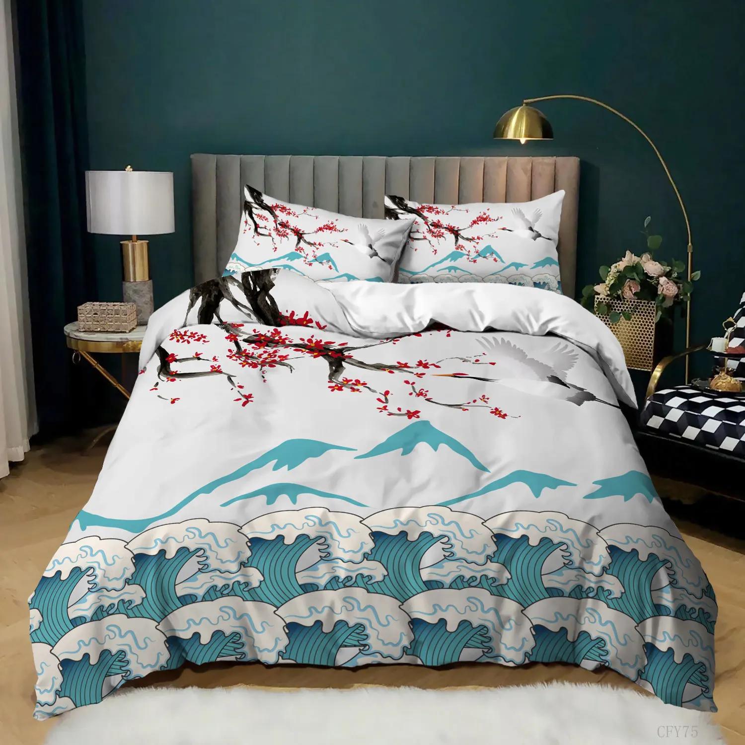 

Japanese Style Comforter Cover Set Cherry Blossoms Crane 2/3pcs Polyester Bedding Set Sea Waves Duvet Cover Set Twin Queen Size US Twin(172x218cm)