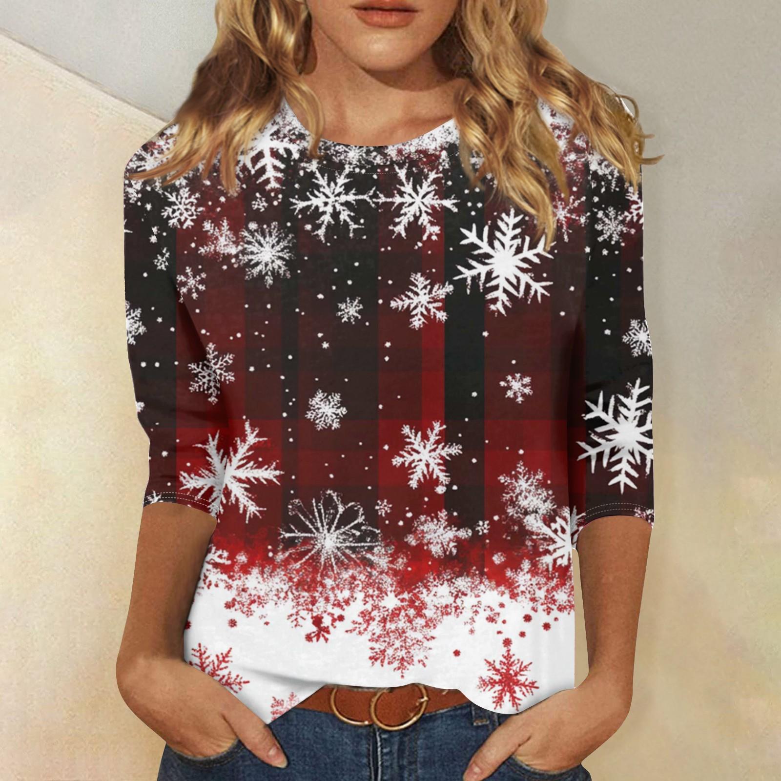 

Женская модная повседневная футболка с круглым вырезом и рождественским принтом, семь рукавов XXXL