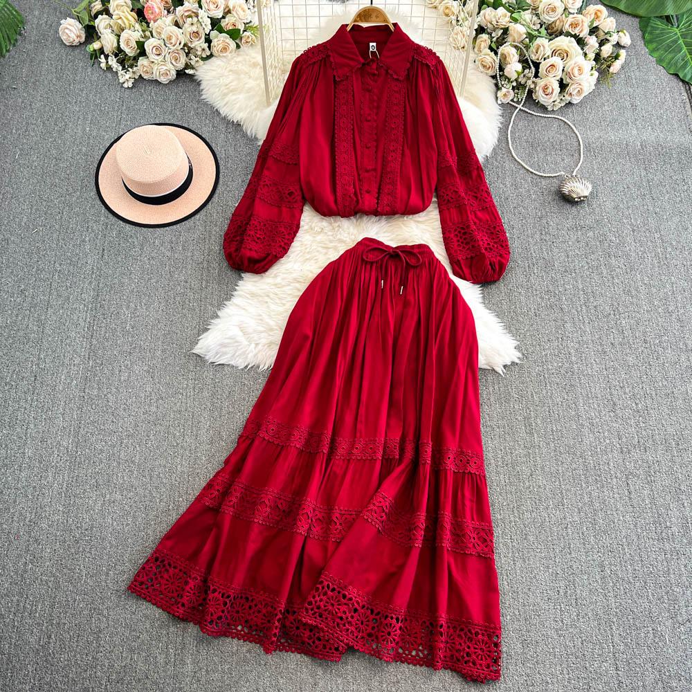 Lace Panel Long Sve Irt And High Waist Flared Skirt Set Women's Faion Ensemble Hollow Out Design Slimming Women Suit 2 Pieces Set