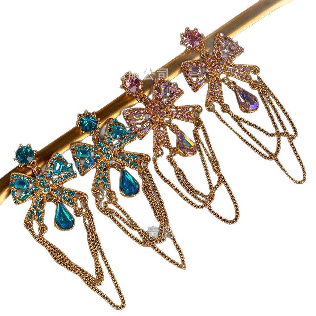 Middle Aged BJ Light Luxury Bow Water Droplet Pendant Earrings Alloy Chain Long High-end Feeling