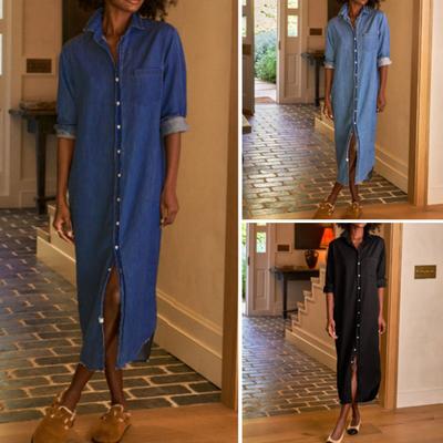 Women's Casual Denim Shirt Dress Roll Up Long Sleeve Button Down Maxi