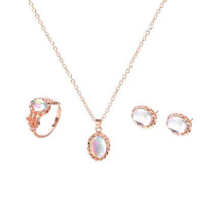 3 pièces/ensemble brillant ovale fausse pierre précieuse breloque collier boucles d'oreilles bague femmes bijoux