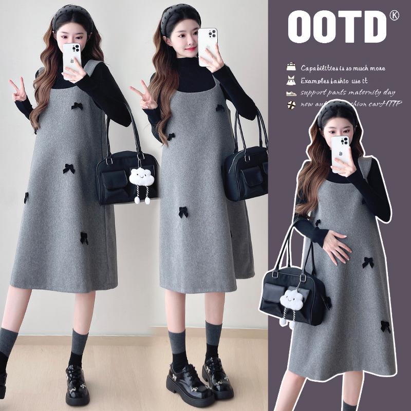 

Korean Style Sweet Bow A-Line Maternity Dress & Sweater Set for Autumn/Winter XL
