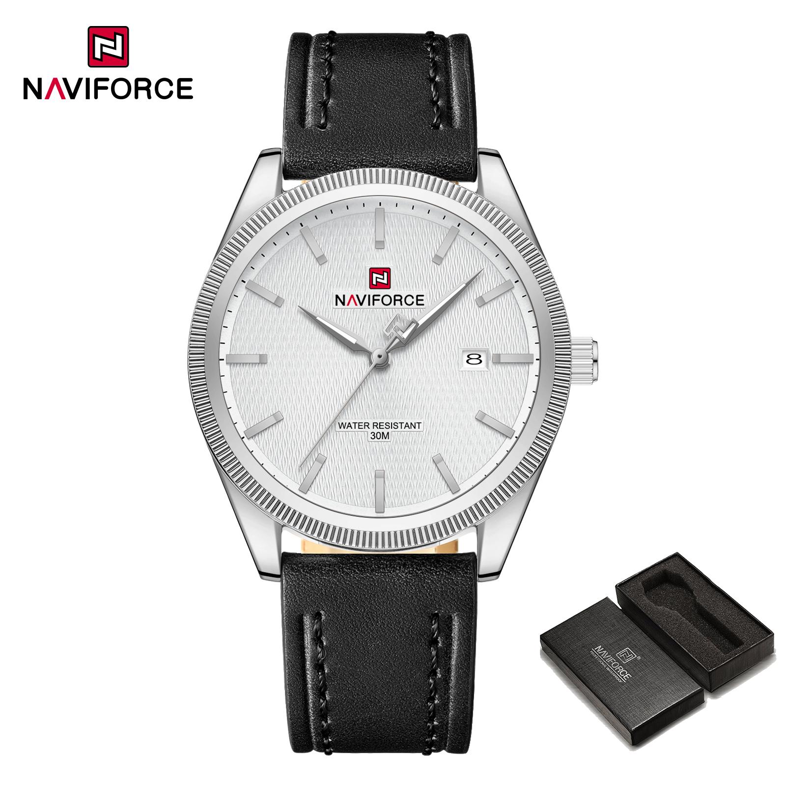 

Naviforce Оригинальные мужские деловые часы Кварцевый механизм Календарь Светящиеся стрелки Кожаный ремешок Водонепроницаемость 30 м Мужские модные повседневные часы NF9276L чёрный/белый
