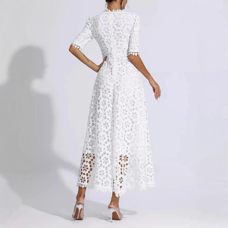 Spring and summer new European and American women's deep V medium sleeve medium and long lace evening dress dress