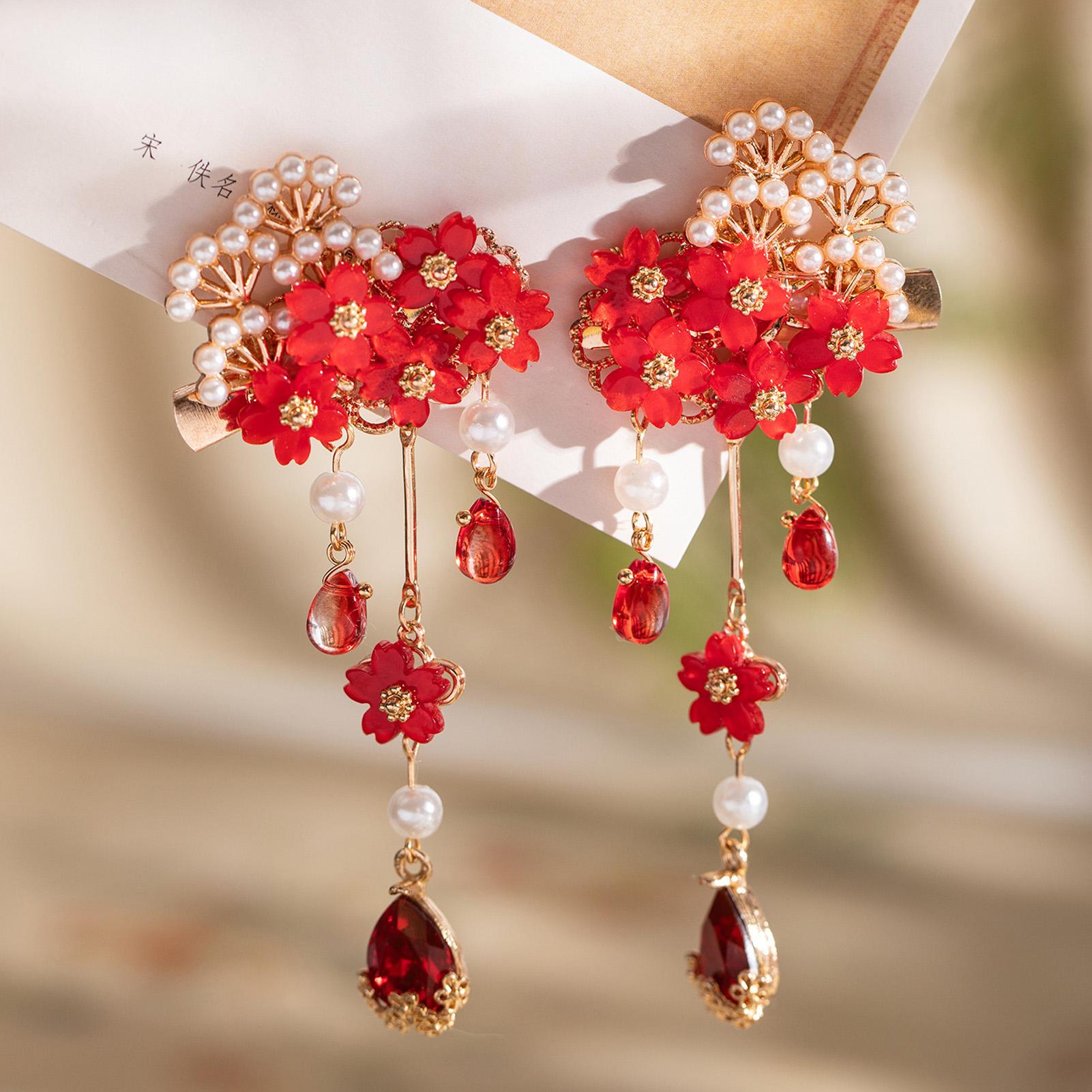 1 Pair Ancient Style Flower Hair Clip Hairpin Chinese Style Red Glass Petal Hair Clips Girls Hairpin For Hanfu Hair Accessory
