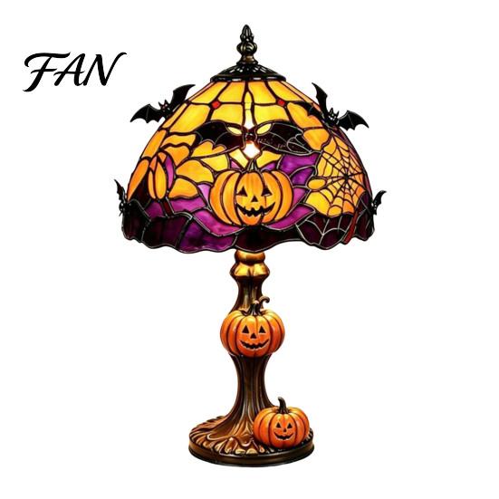 Fall Home Decorations Halloween Pumpkin Bat Table Lamp, Stained Glass Reading Light, Gothic Eerie Ambient Lighting Cozy Nightstand Light for