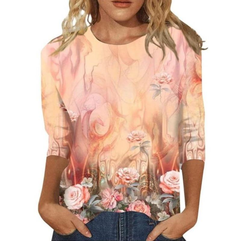 Women's T-shirt 3D printed retro floral print casual long sleeved shirt