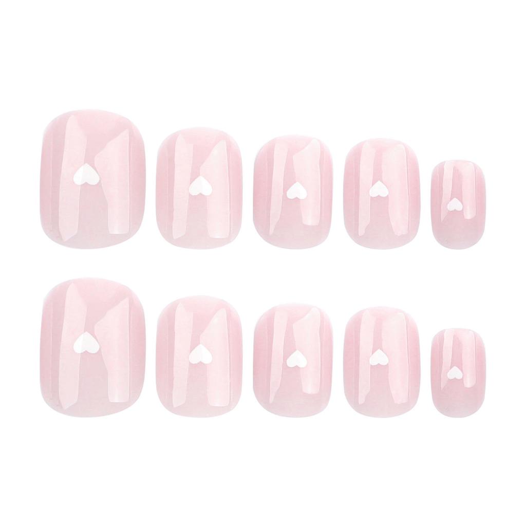 Gentle Nude Short Fake Nails with Heart Print Sweet & Charming Reusable False Nails for Shopping Traveling Dating