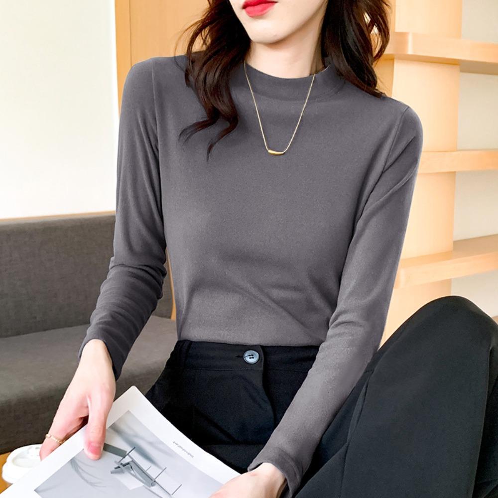 Women's Mock Neck Long Sleeve Thermal Top Slim Fit Thick Double Sided Fleece Polyester High Stretch Solid Color Korean Warm Winter Layering T Shirt