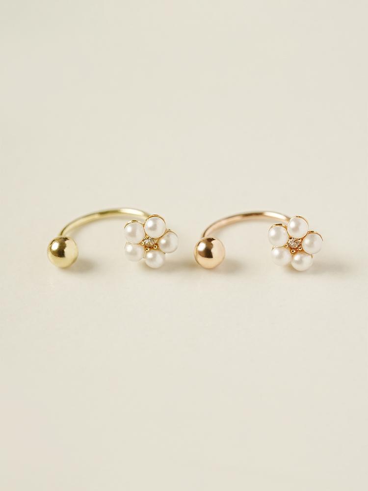 Minimalpiercing 14K Lovely Pearl Flower Curve Ring Piercing Earrings