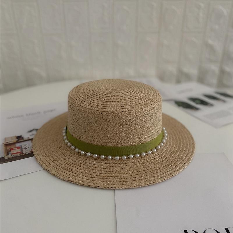 Vintage Pearl Flat Top Raffia Hat Women's Spring Summer Sun Protection Visor Hat Versatile Beach Hat Top Hat
