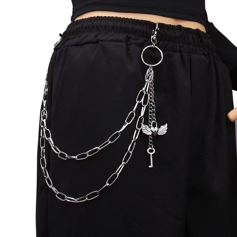 Versatile Hip Hop Street Style Jeans Waist Chain with Heart, Wing, and Key Lock Pendants
