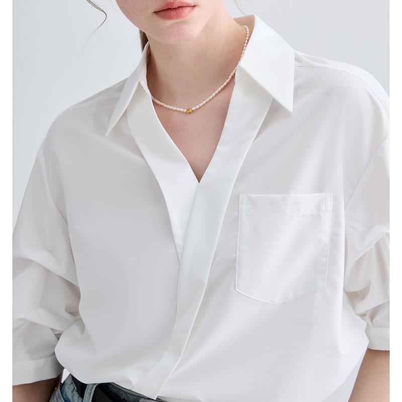 V-neck Short Sleeved Polo Neck White Shirt Women's Commuting Elegant Solid Colour Loose Blouses Thin Top Spring and Summer