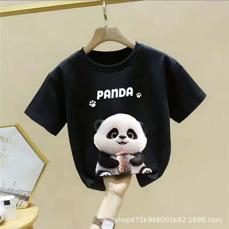 Kids Panda Print Cotton Short Sleeve T Shirt Summer Boys Girls Breathable Half Sleeve Top
