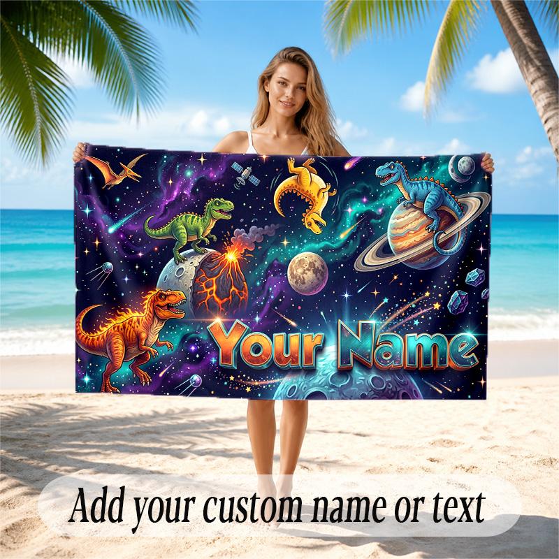 Dinosaur Theme Quick Dry Beach Towel Custom Name Text Print Large Sand Resistant Towel Beach Vacation