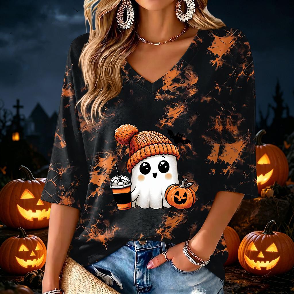 Women's V-Neck Halloween Print Lightweight Blouse for Spring and Summer Casual Wear