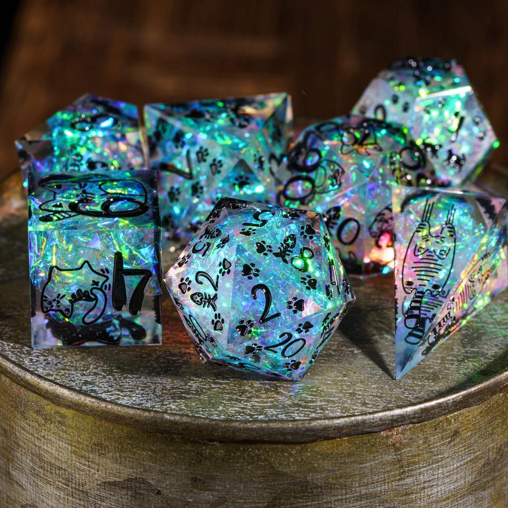 Cusdie Cat Element D&D Dice Set Sharp Edges D4-D20 Cute Cat Claws Fish Pattern Handcrafted Polyhedral Dices for RPG Board Games