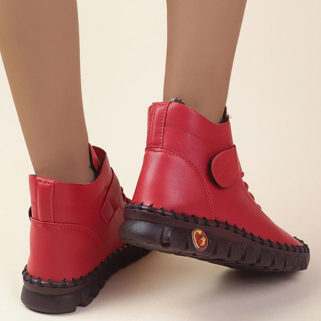 2024 Autumn/Winter Plus Size Women’s Leather Ankle Boots, Round Toe Flat Heel Velcro Style