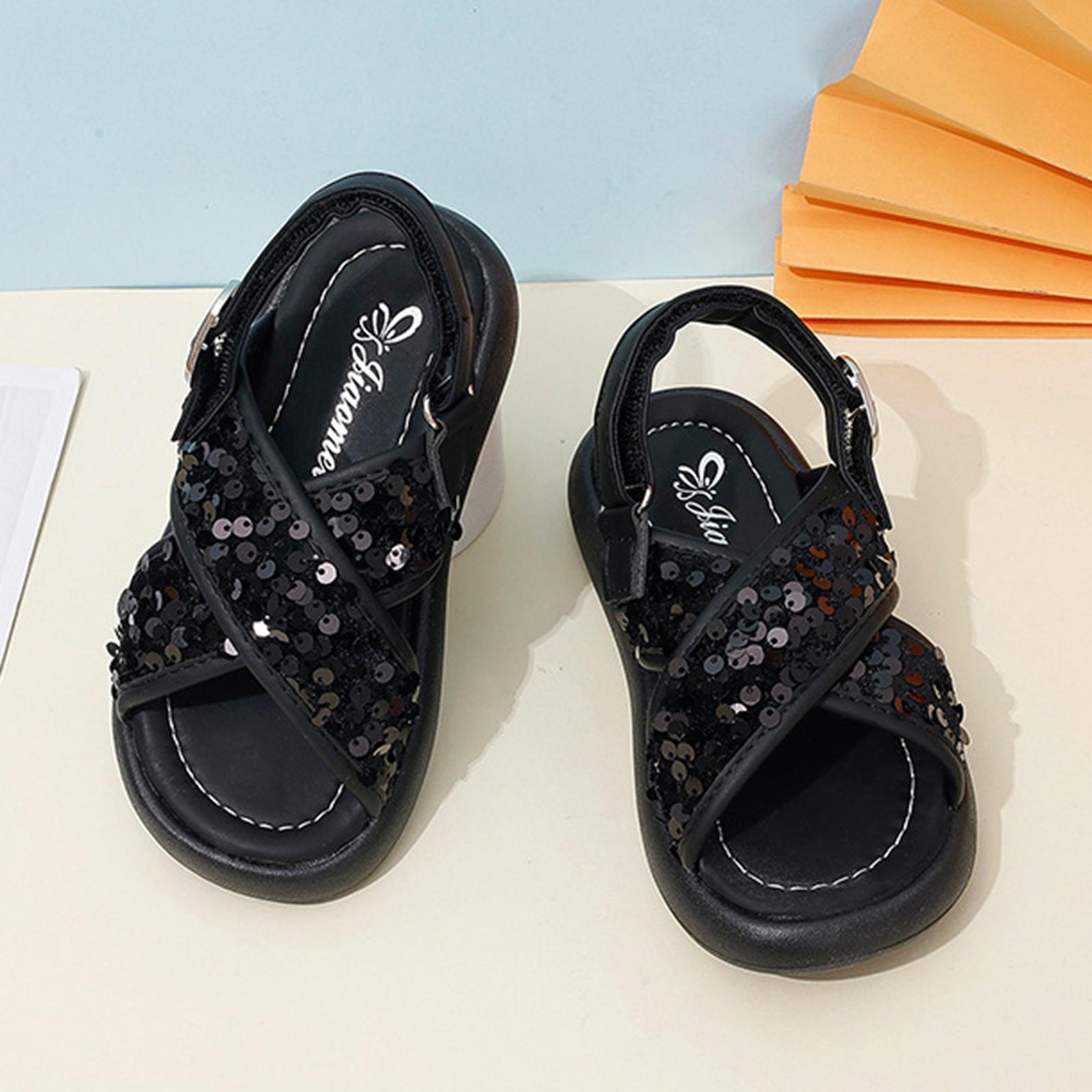 Children Cross Strap Sandals with Sequins Thick Sole Beach Sandals Adjustable Buckle Lightweight Comfortable Design for Kids 26 чёрный