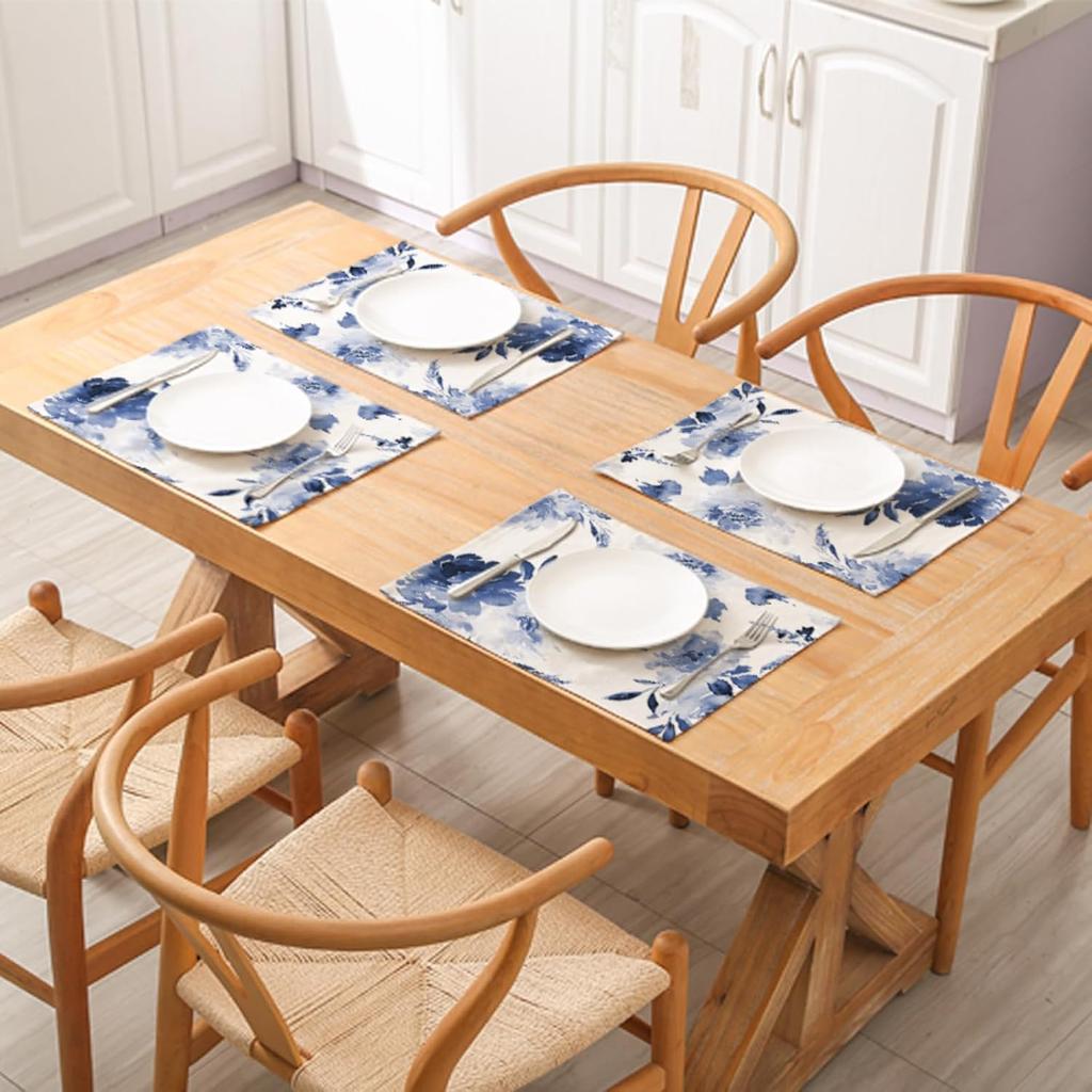 Blue Leaves Watercolor Placemats Set of 4, 12x18 Inch Spring Summer Leaves Table Place Mats for Kitchen Dining Home Party Decor