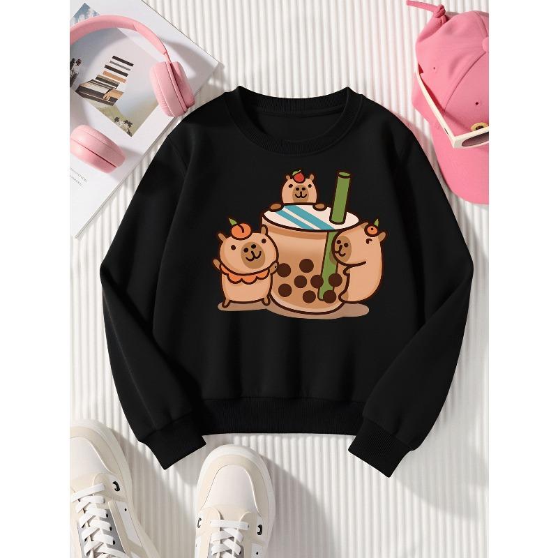 Kids Sweatshirt , Crew Neck Fashion Top, Fun "Cute Bear Bubble Tea" Patterned Sweatshirt, Suitable for Everyday Casual Wear