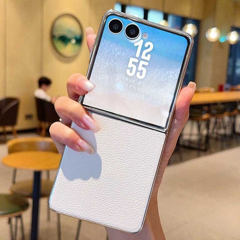 Solid Color Lychee Texture Phone Case For Samsung Galaxy Z Flip7 FE Flip 7 6 5 Electroplating Silver Plating PC Protective Cover