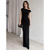 European and American Style Women's Clothing In the Summer of New Simple and Elegant Slanted Shoulder Tight Mid-waist Pleated Split Dress