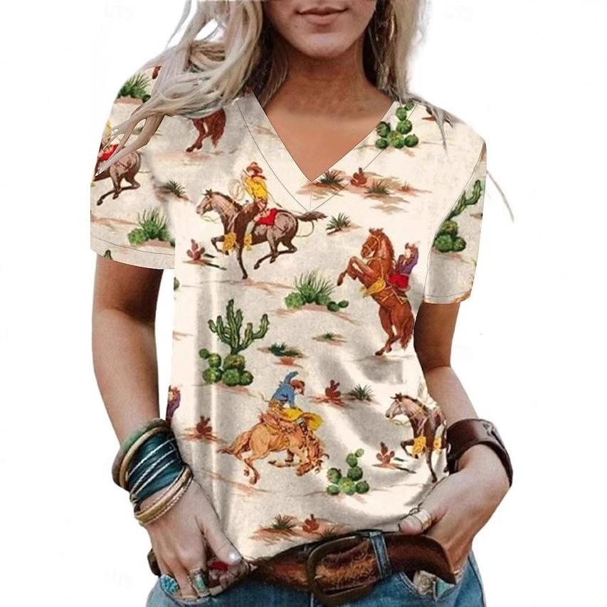 Summer Fashion Trend 3D Western Cowboy Printed Short Sleeved Casual V-neck Top Women's T-shirts