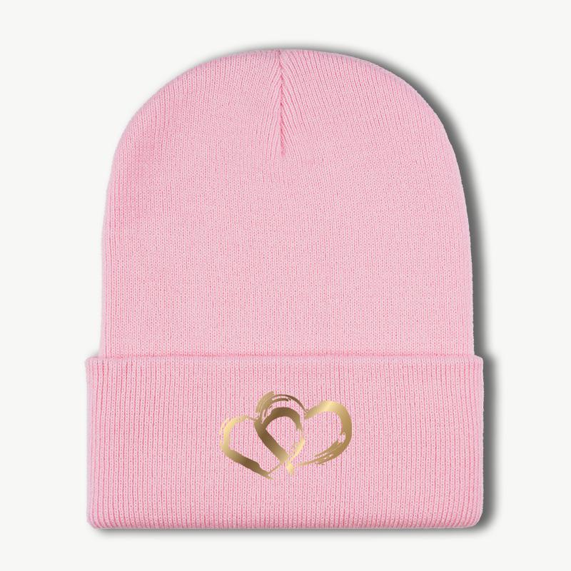 Golden DoubleHeart Print Knit Beanie Warm Soft Comfortable Stretchy Brimless Hat Elegant Luxe Fashionable Unisex FallWin