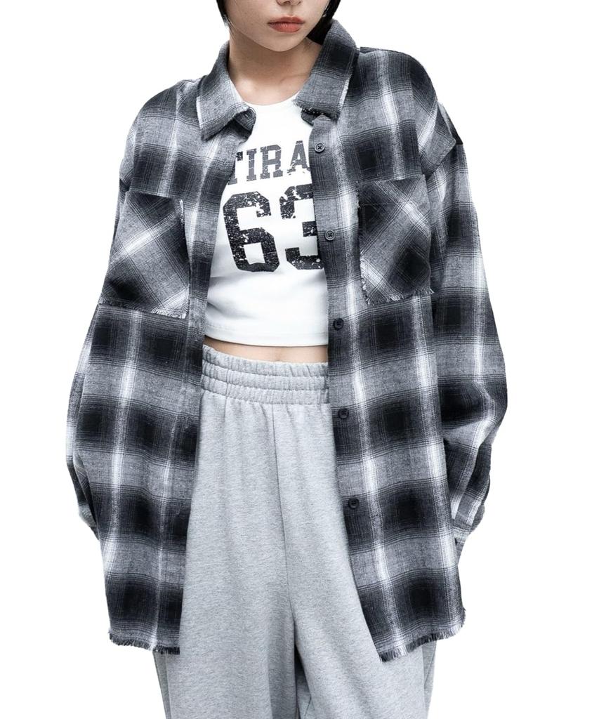 WEGO Check Big Flannel Long Sleeve Oversized Street Size Black Women's Shirt, Top, Autumn/Winter Clothes, Silhouette, Style, Girly, F,