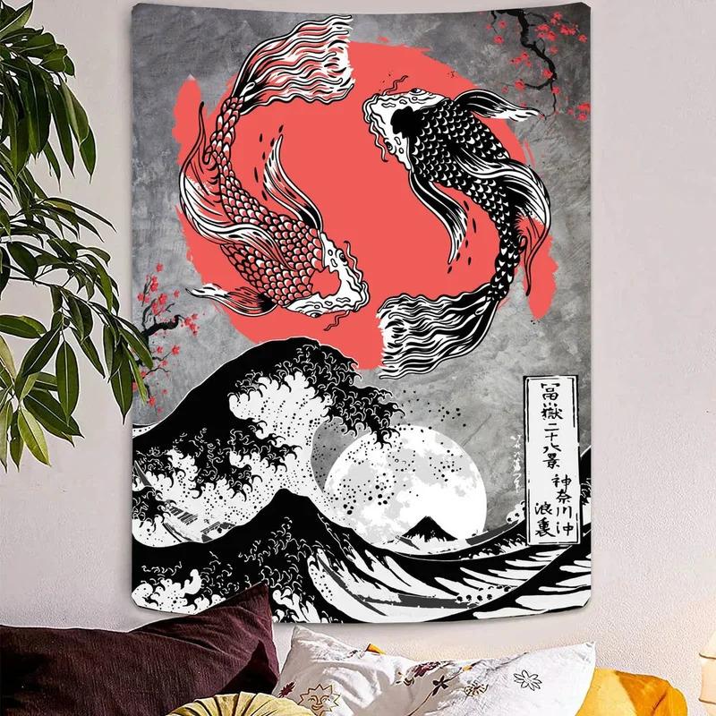 VIKAMA Black And White Japanese Tapestry Koi Cherry Blossoms On Mount Fuji Wabi Sabi Boho Home Office Wall Hanging