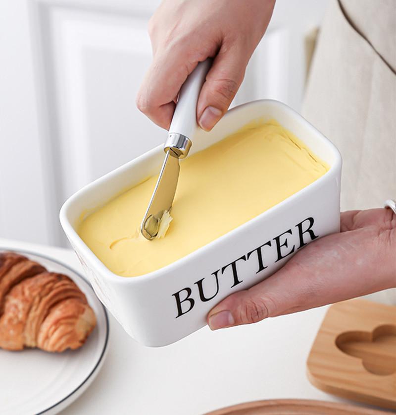 Wooden Cover Ceramic Butter Box with Spatula Knife Sealed Fresh Butter Box Multicolor Rectangular Sealed Kitchen Storage Box
