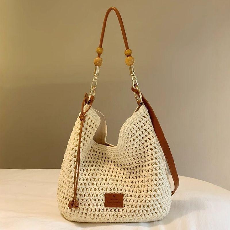 

South Style Chio2n Seaside Weekend Tote Bag Women Large Capacity Summer Woven Bag Straw Shoulder Messenger Bag Beige White