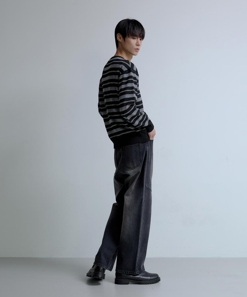 NODU Adn Daily Semi-Wide Cut-Out Washed Denim Jeans [Black]