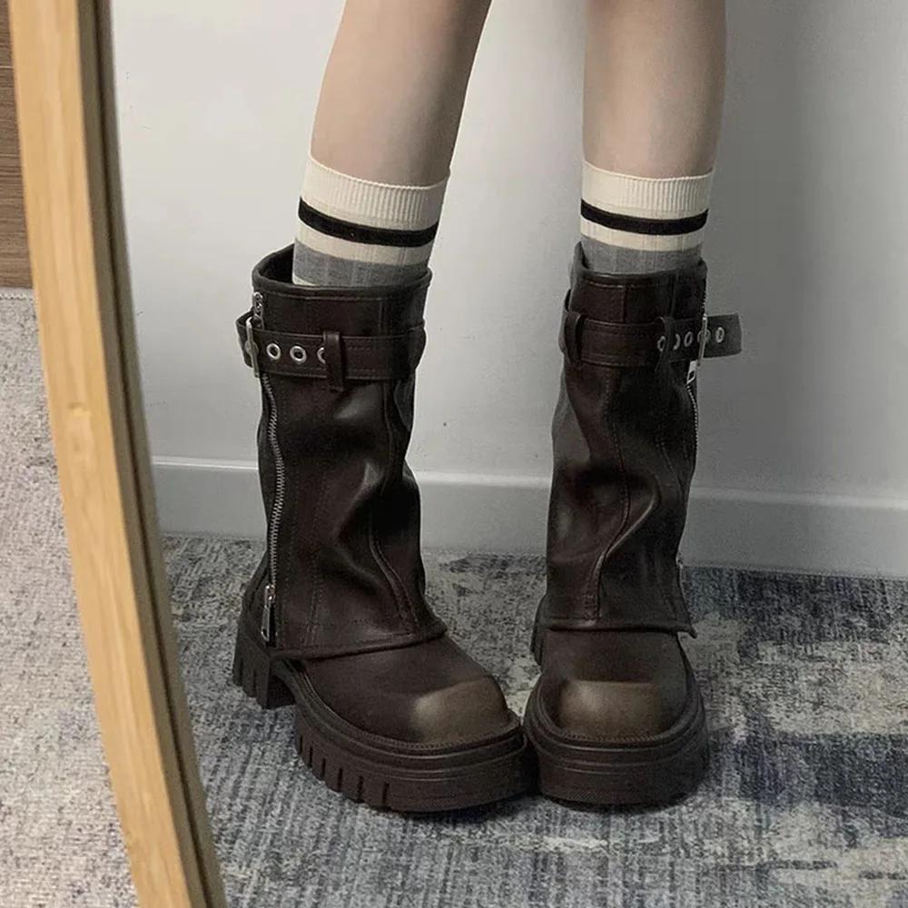 Fashion Brand Desinger Knight Women Mid Calf Boots Chunky High Heeled Platform Punk Motorcycle Long Booties Goth Street Shoes For Women