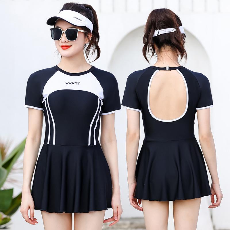 2026 Women's Conservative Slimming One-Piece Short Sleeve Swimsuit, Hot Spring Plain Patchwork, Customizable Swimwear.