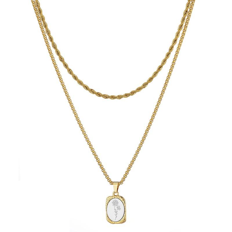 Vintage Floral Titanium Steel Necklace With Engraved French Mirror Square Pendant Layered Locket Chain Women