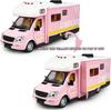 Brinquedos de motorhome para trailer em escala 1/32, veículo recreativo de metal fundido, fingir brincar, modelo de puxar para trás, portas de carro e toldo, som de luz aberta para menino e menina