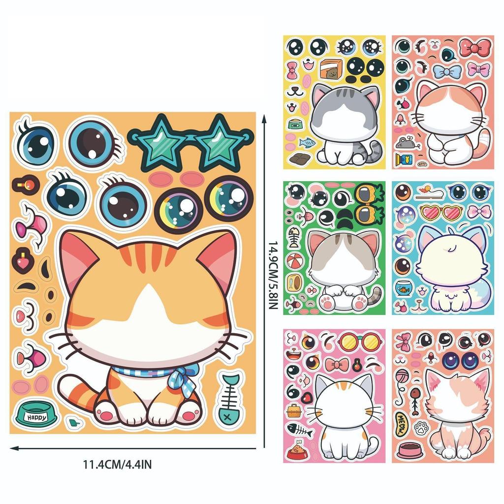 8PCS Cartoon Cat Make a Face Sticker Set, DIY Puzzle Face Swap Decals for Diary Photo Album Notebook Phone Helmet
