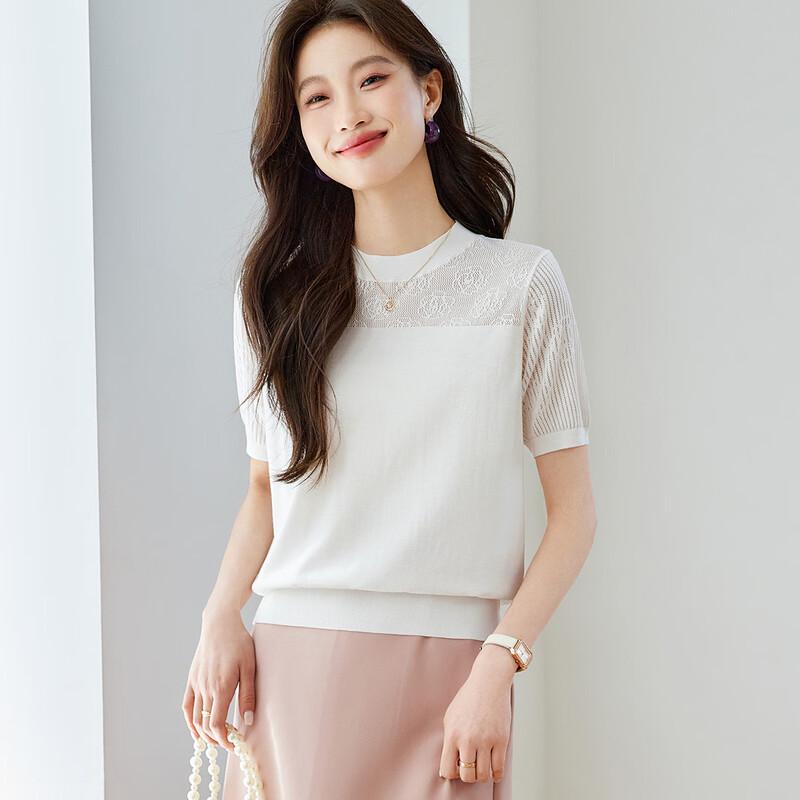 Srcr Women's Silk Blend Lace Knit Short Sleeve Top