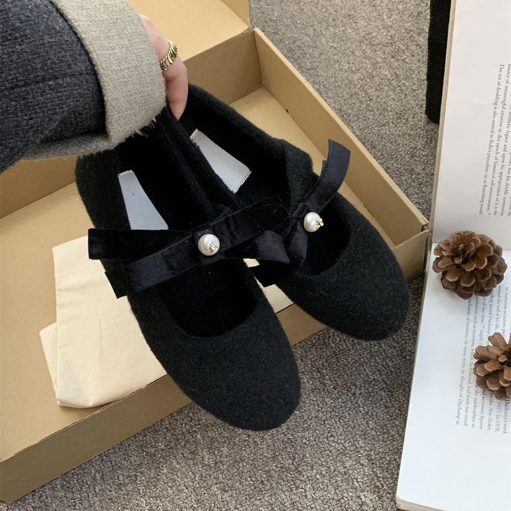 Gray Mary Jane fluffy shoes women wear cotton shoes in winter, new fairy flat-bottomed velvet single shoes