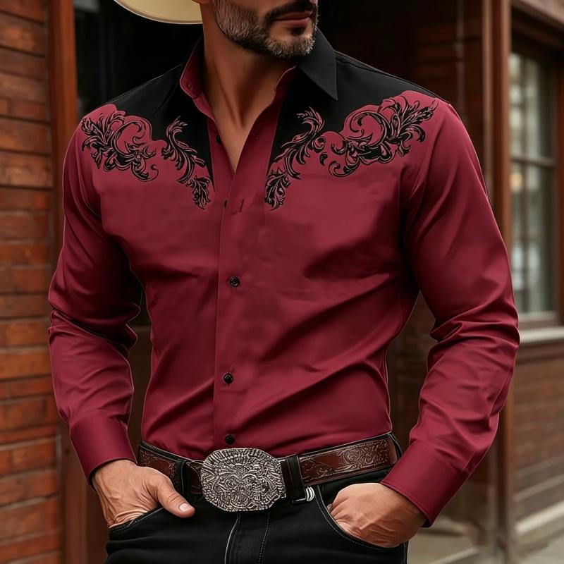 Stylish Men's Baroque Floral Embroidered Western Shirt, Satin Feel Slim Fit Button Up Blouse