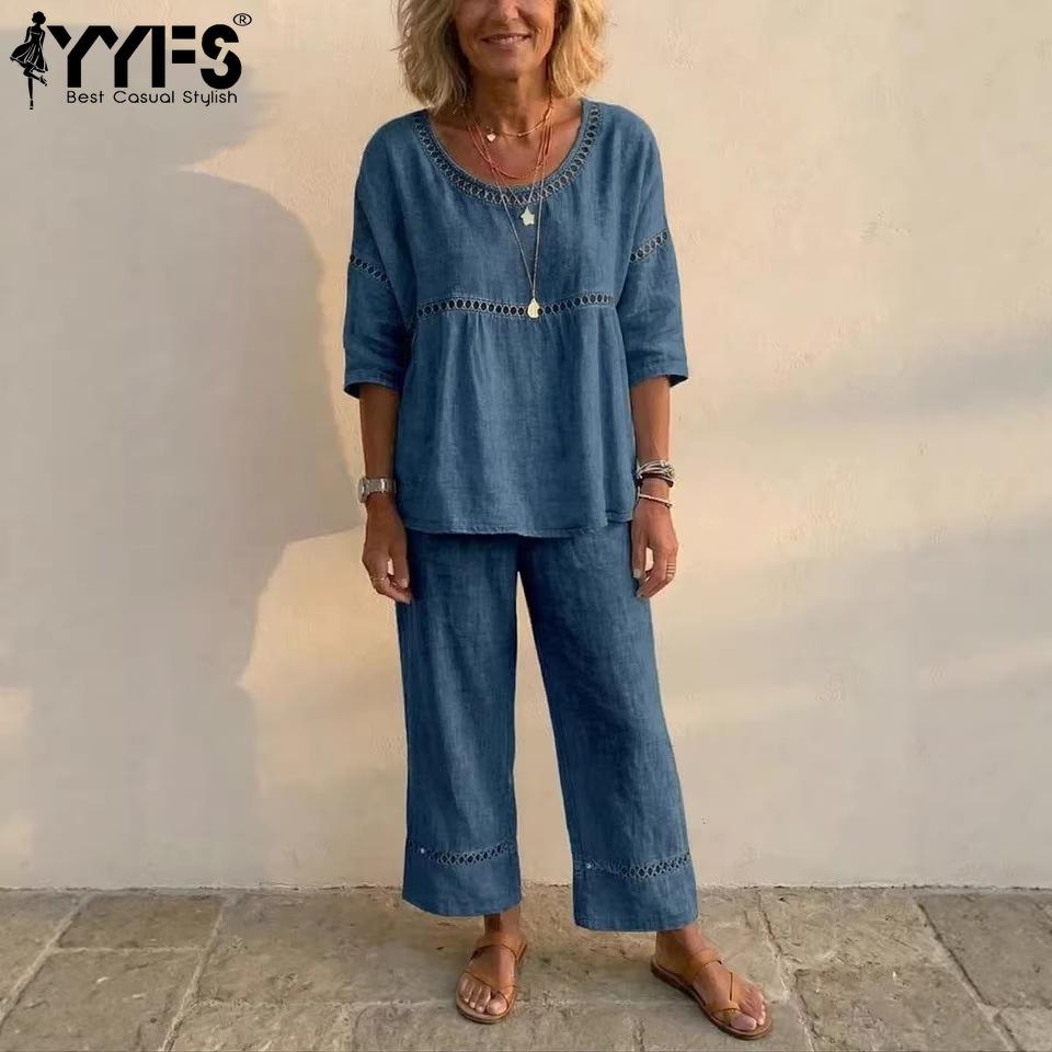 YYFS Damen Mode Lässig Sommer Frühling Einfarbige Druck 1/2 Ärmel Rundhals Hosenanzüge