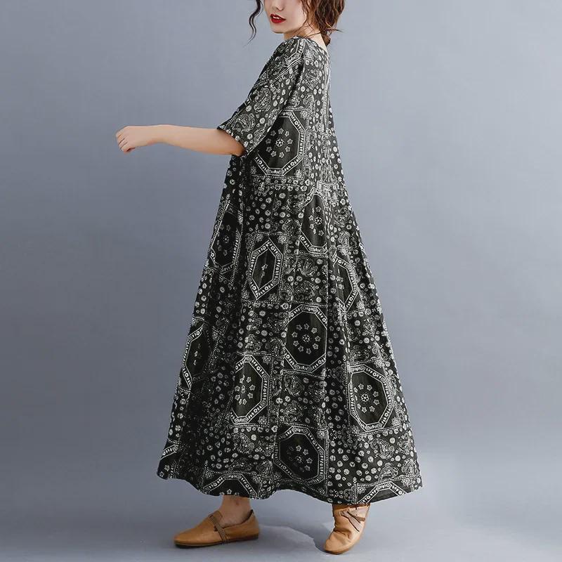 Retro Floral Loose-Fit Midi Dress for Plus Size Women - Spring & Autumn